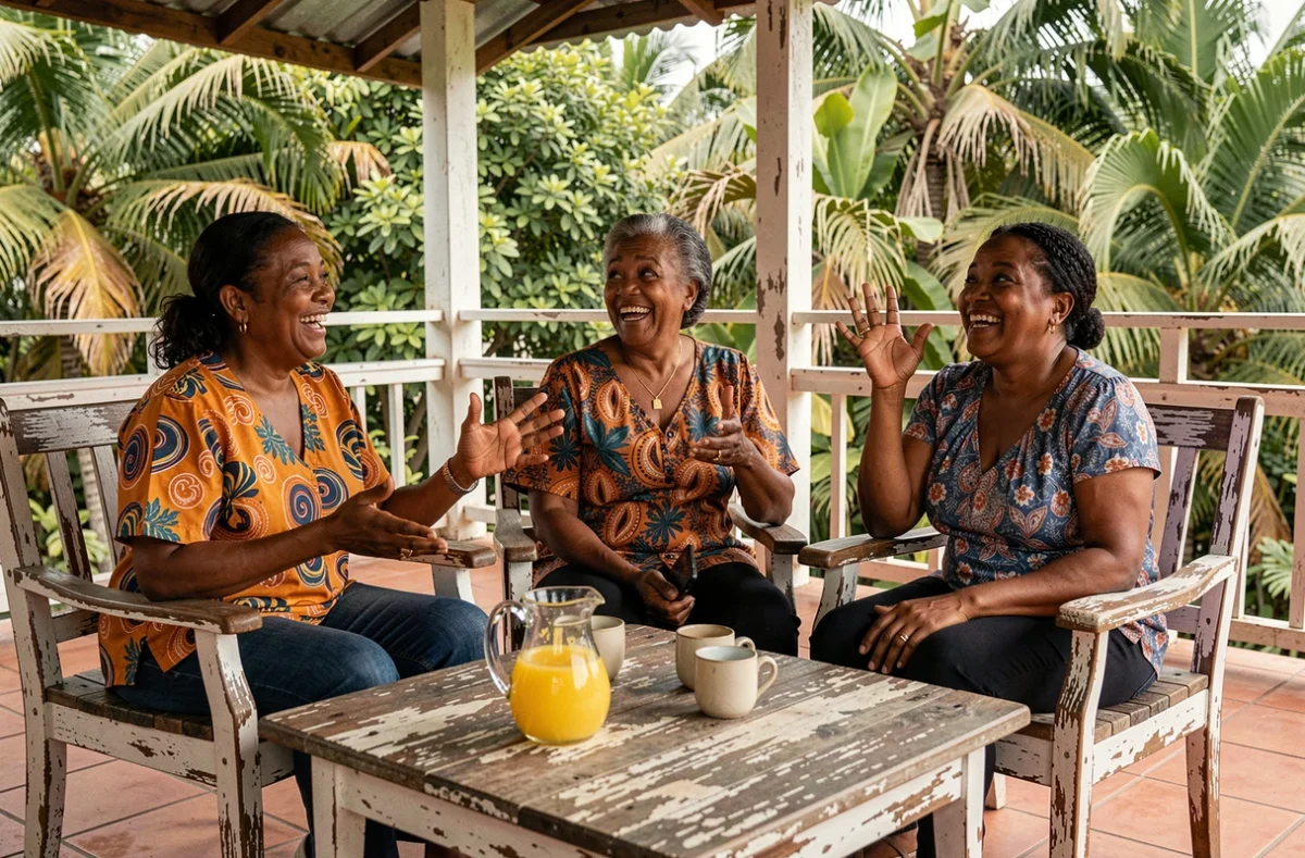 Trois femmes antillaises d'âge mûr en conversation expressive sur une terrasse créole, évoquant les codes culturels et les usages du créole entre proches