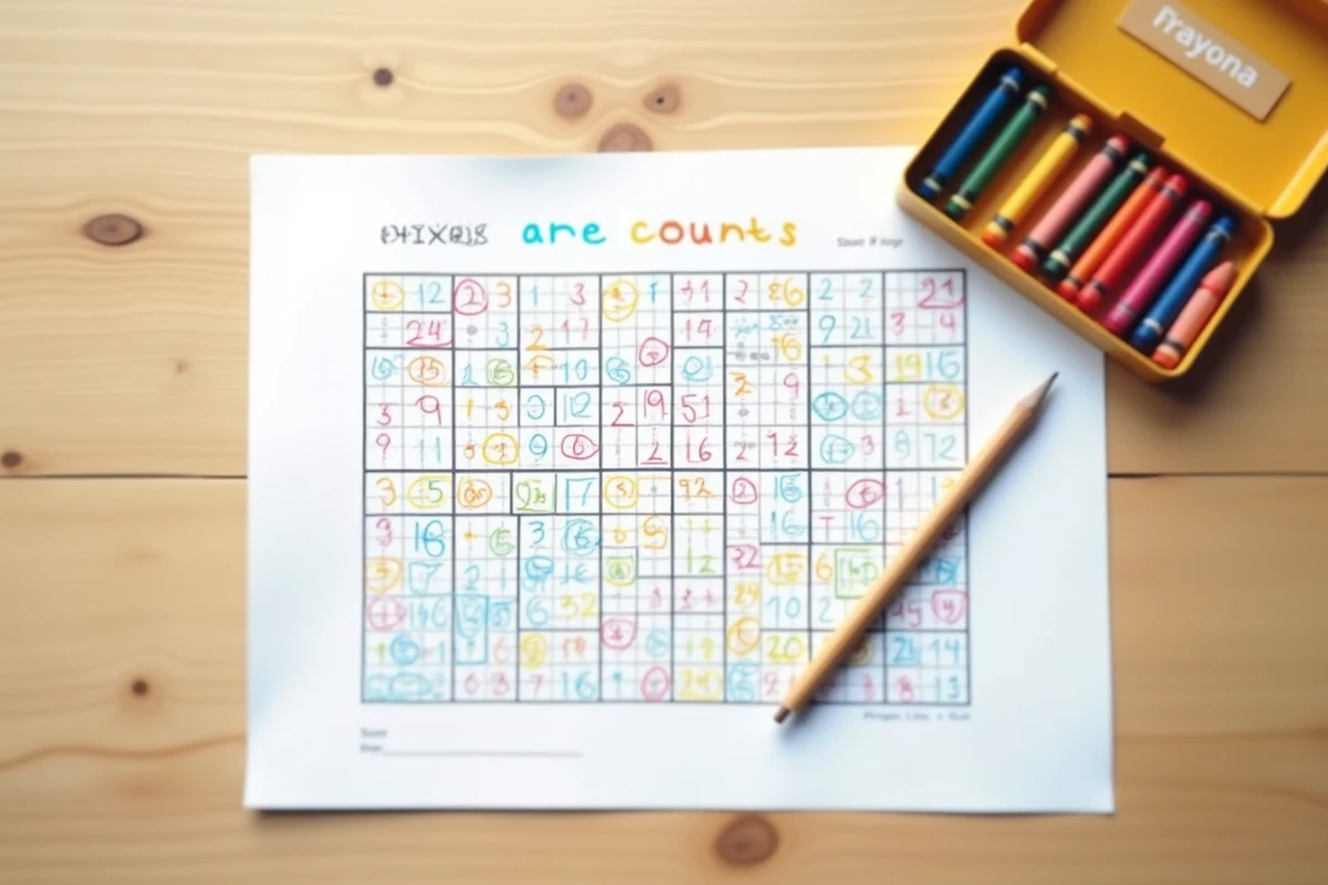 Gros plan sur une fiche pixel art numérotée avec crayons de couleur pour l'apprentissage du comptage en CE1