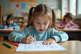 Jeune fille de CP coloriant un modèle pixel art sur quadrillage imprimé pour apprendre à compter en classe