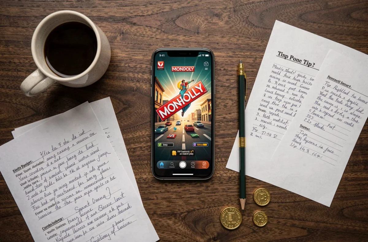 Vue aérienne d'un bureau avec smartphone Monopoly GO, notes et jetons dorés, astuces clubs des magnats