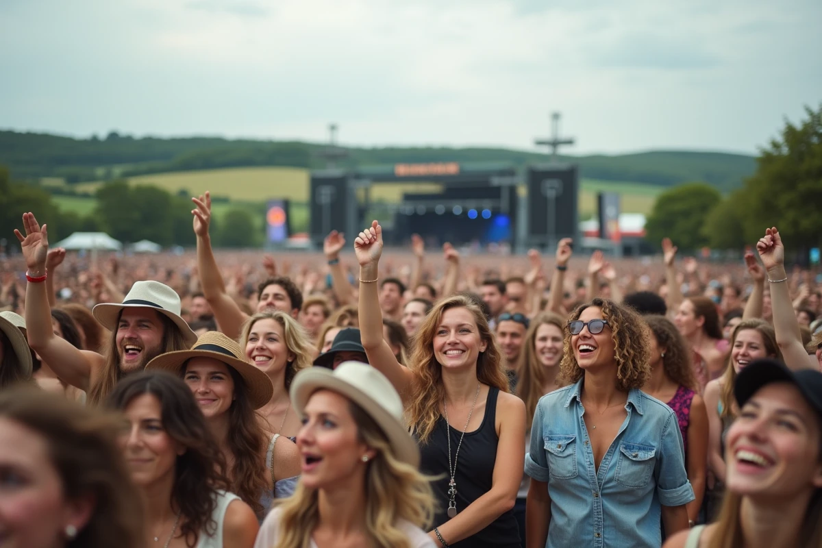 Foule de festivaliers aux Vieilles Charrues levant les bras devant la scène principale lors d'un concert en plein air en Bretagne