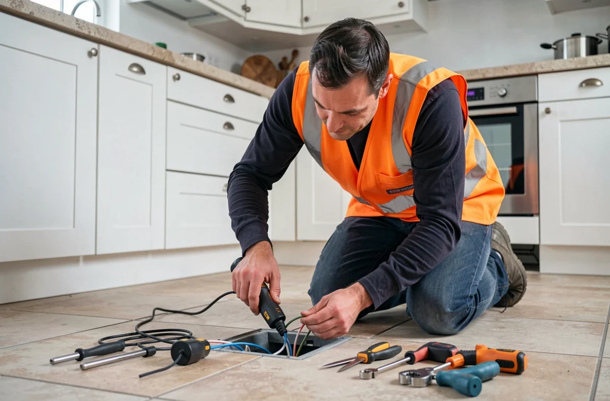 Électricien FT Électricité raccordant un boîtier électrique encastré dans une cuisine parisienne moderne
