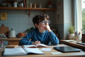 Garçon pensif de 10 ans dans une cuisine française