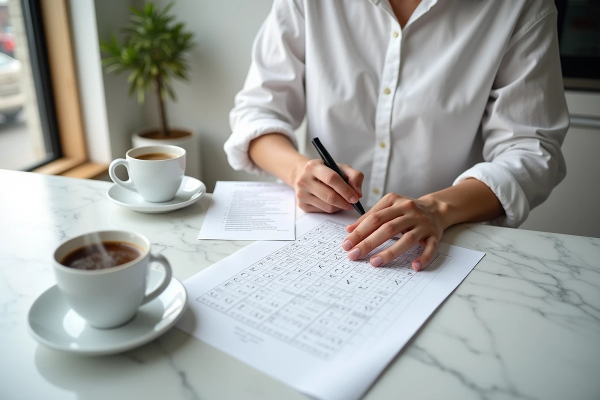 Mains remplissant une grille de mots du jour imprimée sur un comptoir en marbre avec une fiche de solutions et un café expresso