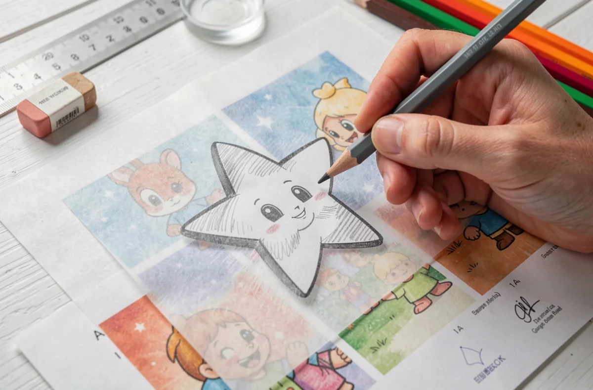 Gros plan en vue de dessus d'une main qui décalque le personnage Stella sur du papier calque avec un crayon
