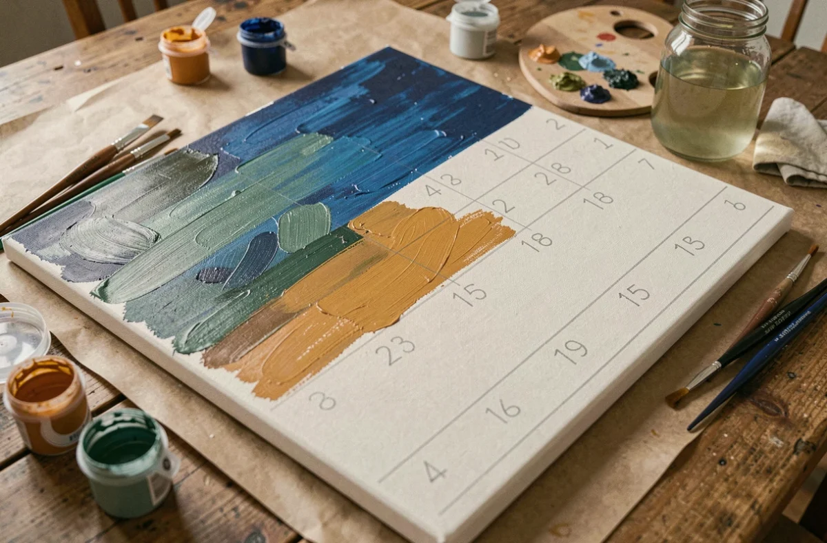 Gros plan d'une toile paint with numbers grand format en cours sur une table en bois avec pinceaux et pots de peinture acrylique