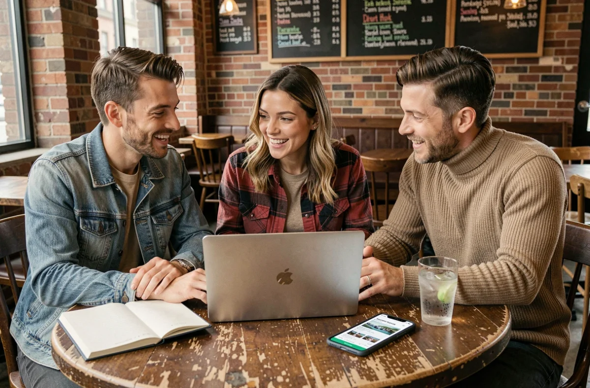 Groupe de personnes discutant de l'évolution d'une communauté en ligne autour d'un ordinateur portable dans un café urbain