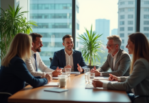 Groupe de professionnels en réunion dans un bureau lumineux
