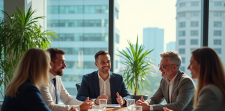 Groupe de professionnels en réunion dans un bureau lumineux