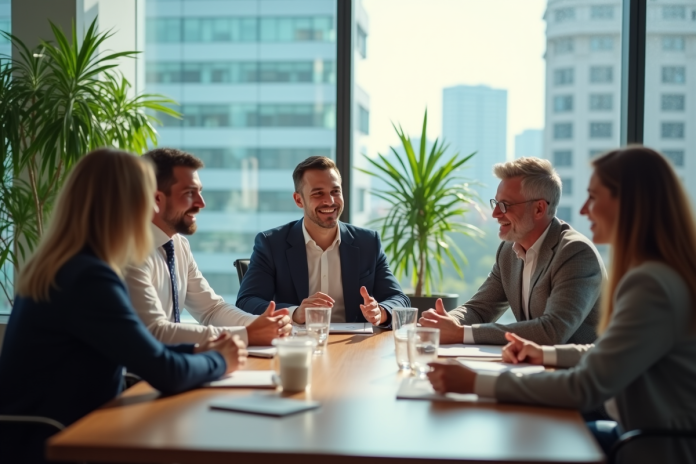 Groupe de professionnels en réunion dans un bureau lumineux