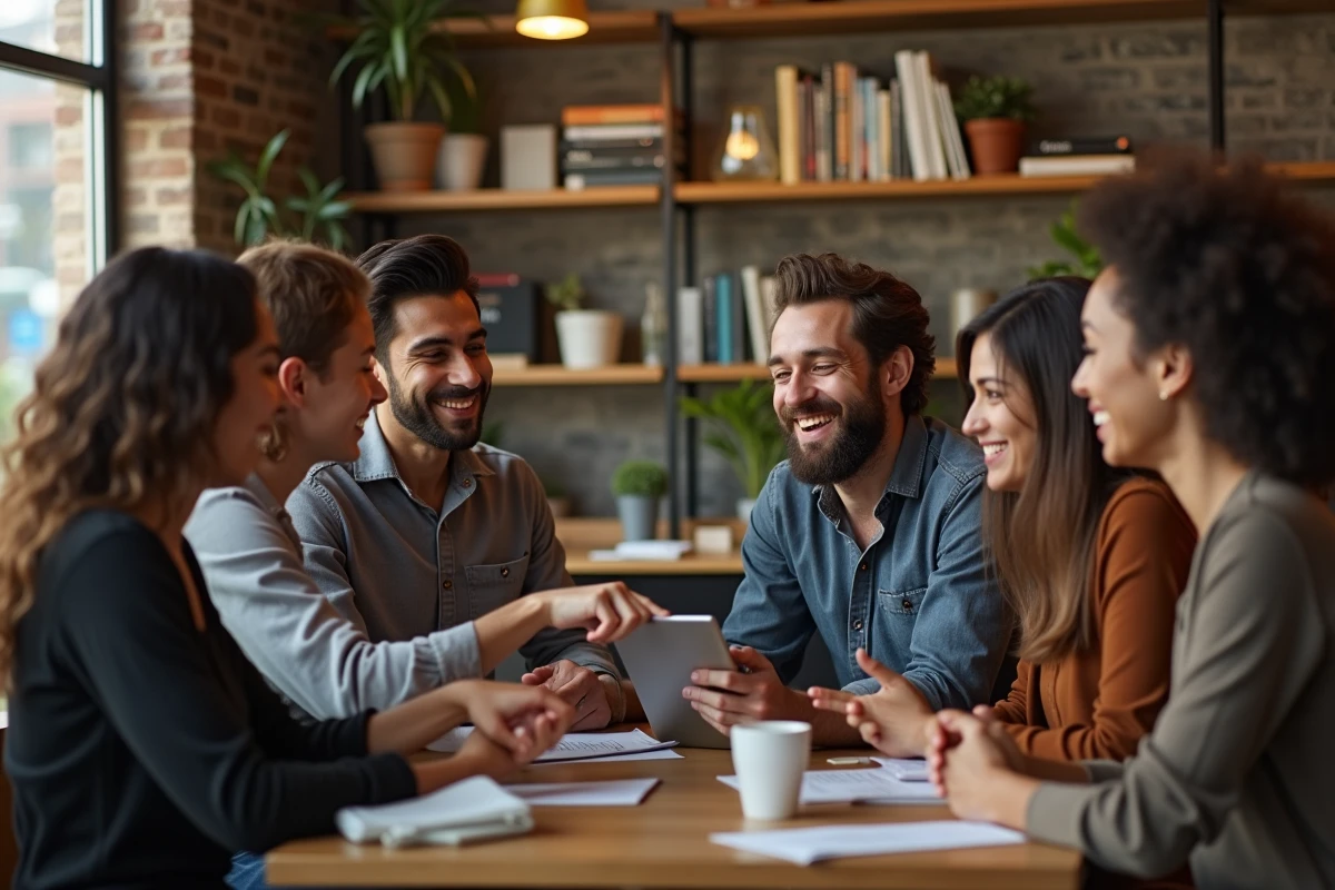 Jeunes adultes discutant autour d une table dans un café urbain