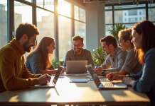 Groupe de jeunes entrepreneurs brainstorming en coworking