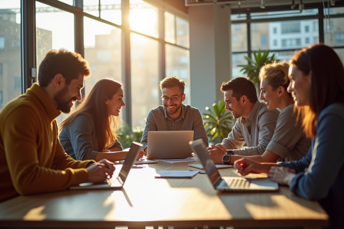 groupe-entrepreneurs-coworking Groupe de jeunes entrepreneurs brainstorming en coworking