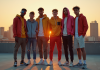 Groupe de jeunes en streetwear sur un rooftop urbain au coucher de soleil