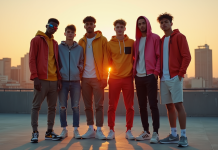 Groupe de jeunes en streetwear sur un rooftop urbain au coucher de soleil
