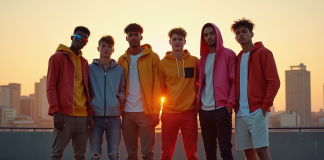 Groupe de jeunes en streetwear sur un rooftop urbain au coucher de soleil