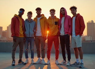 Tendance streetwear : l’essor d’une mode urbaine incontournable Groupe de jeunes en streetwear sur un rooftop urbain au coucher de soleil