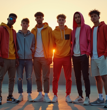 Tendance streetwear : l’essor d’une mode urbaine incontournable Groupe de jeunes en streetwear sur un rooftop urbain au coucher de soleil