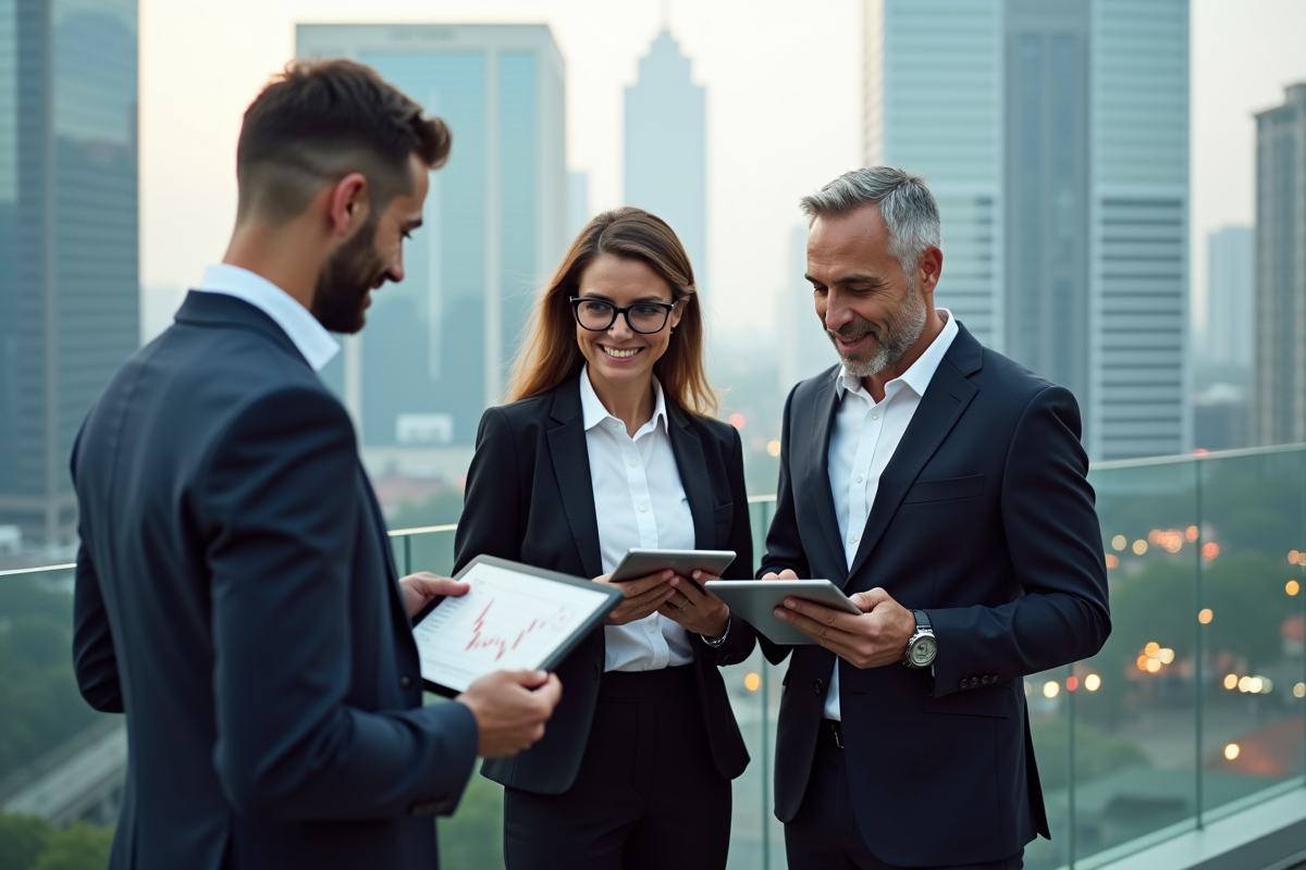 Groupe de professionnels discutant sur un rooftop urbain