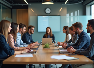 GTA en RH : définition et enjeux pour les entreprises Groupe de collaborateurs en réunion sur la gestion du personnel