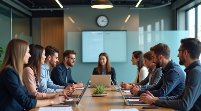 GTA en RH : définition et enjeux pour les entreprises Groupe de collaborateurs en réunion sur la gestion du personnel