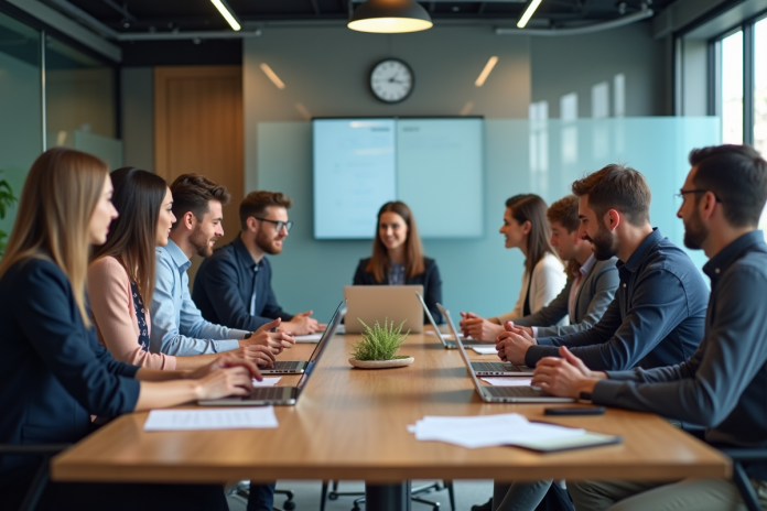 Groupe de collaborateurs en réunion sur la gestion du personnel