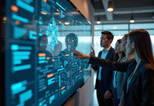 Groupe de personnes face à une interface encombrée en bureau moderne
