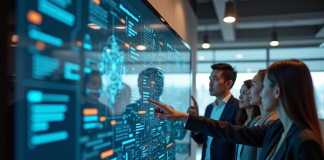 Groupe de personnes face à une interface encombrée en bureau moderne