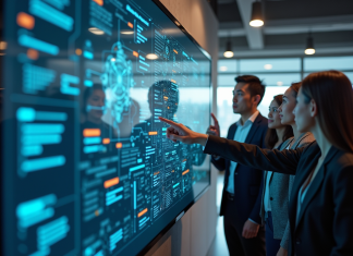 Interface utilisateur graphique : inconvénients et solutions pour améliorer l’UX Groupe de personnes face à une interface encombrée en bureau moderne