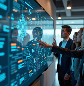 Groupe de personnes face à une interface encombrée en bureau moderne