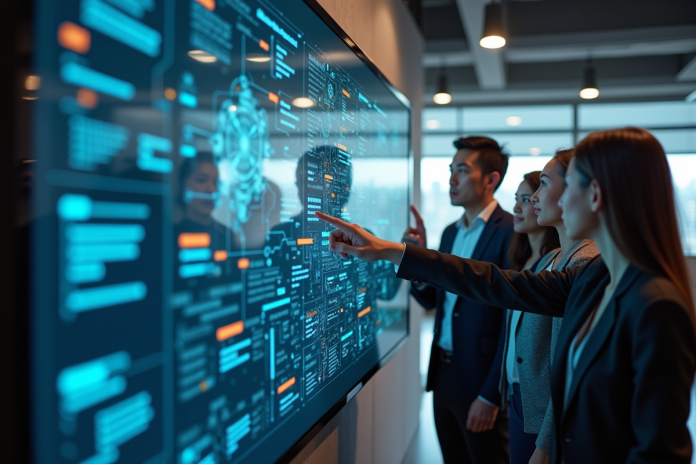 Groupe de personnes face à une interface encombrée en bureau moderne