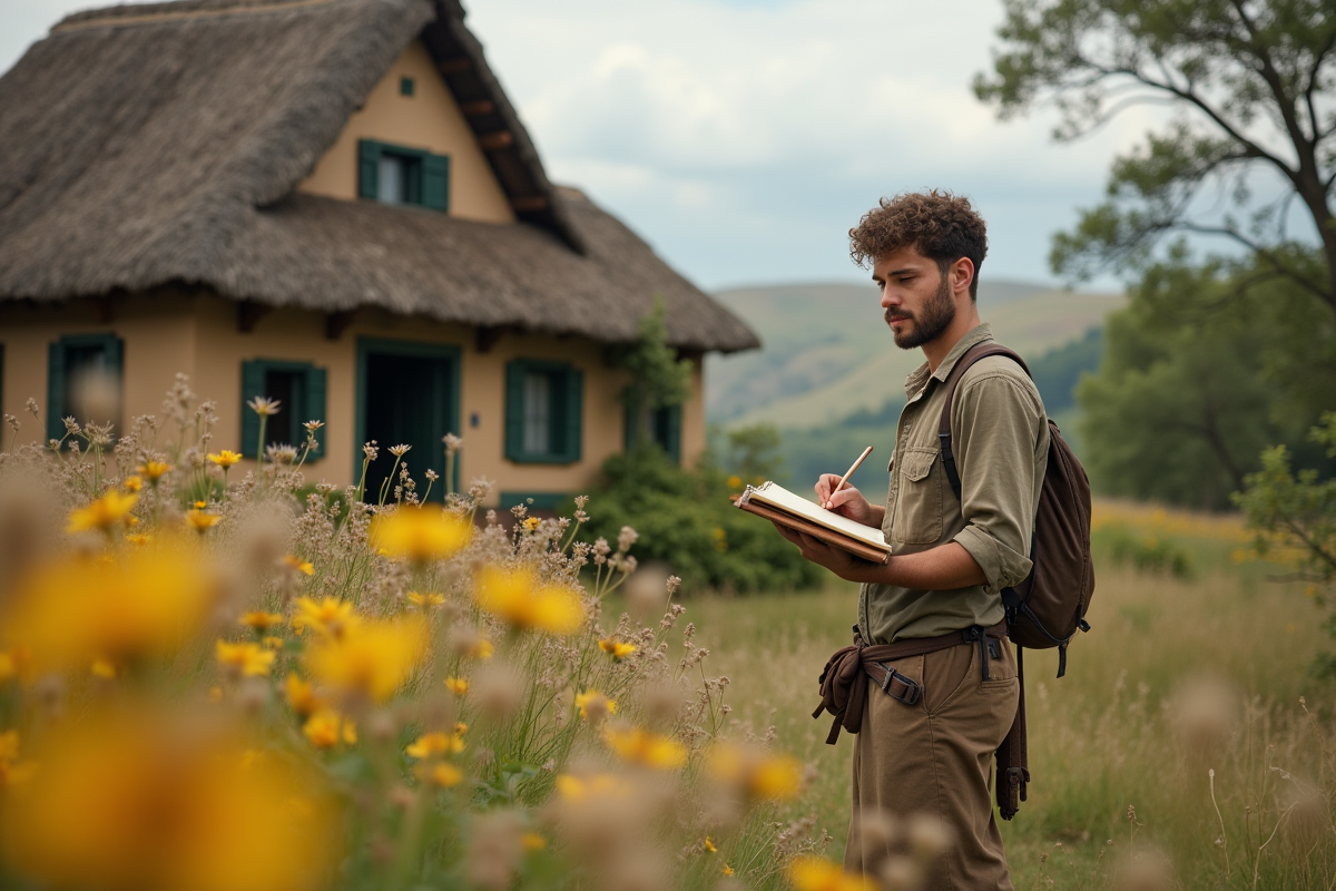 Jeune historien dessinant près d une maison en campagne