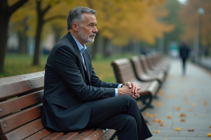 homme-affaire-parc-automne Homme d'affaires seul sur un banc en parc automne