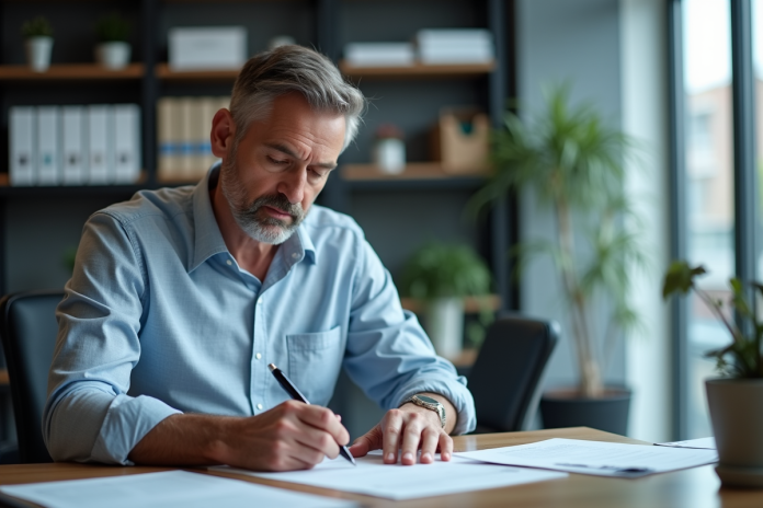 Homme d'affaires en bureau examinant documents