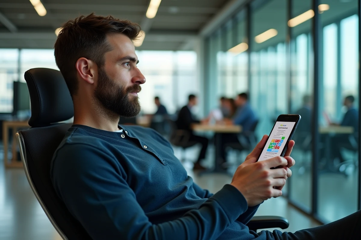 Homme consultant une application de jeu de mots type Codycross sur smartphone dans un environnement de bureau moderne