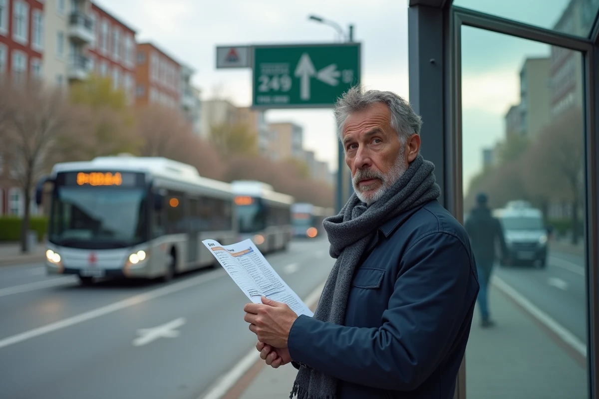 Homme d'âge moyen regardant un horaire de bus à l'arrêt