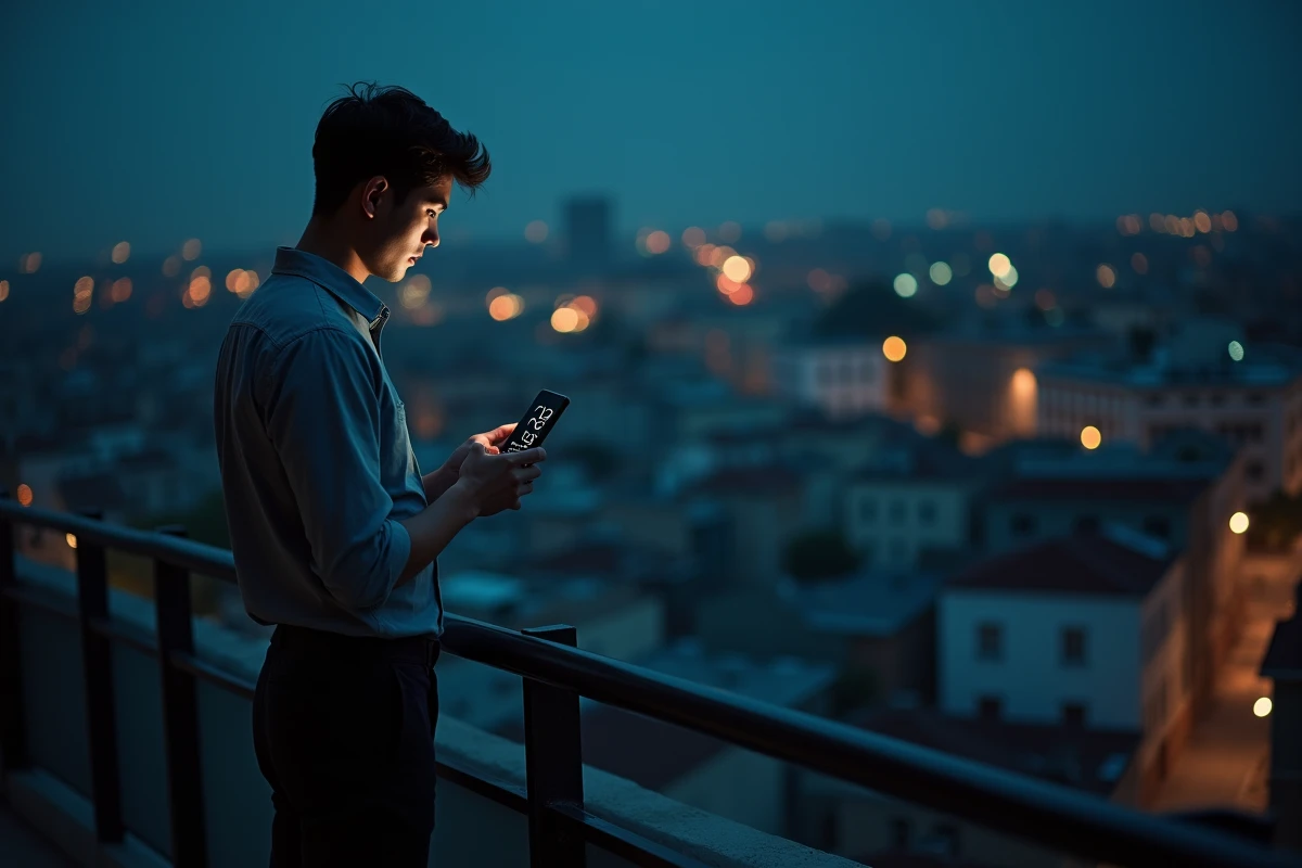 Homme regardant la ville depuis un balcon la nuit