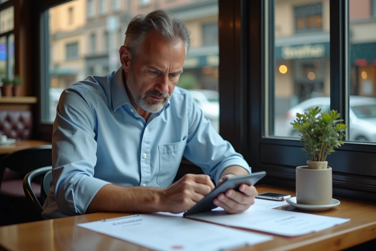 Homme travaillant sur tablette dans un café convivial