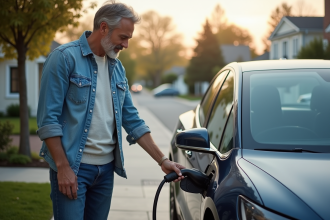 Homme en jeans chargeant sa voiture électrique dans la rue