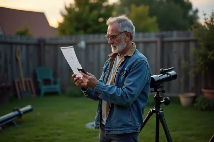 Homme d'âge moyen examine une carte des étoiles dans son jardin au crépuscule