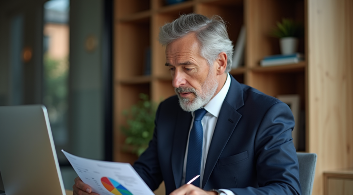 Investir dans les SCPI : moment propice pour diversifier ses placements ? Homme d'âge moyen en costume bleu dans un bureau moderne
