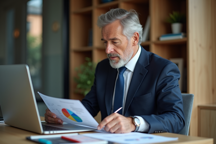 Homme d'âge moyen en costume bleu dans un bureau moderne