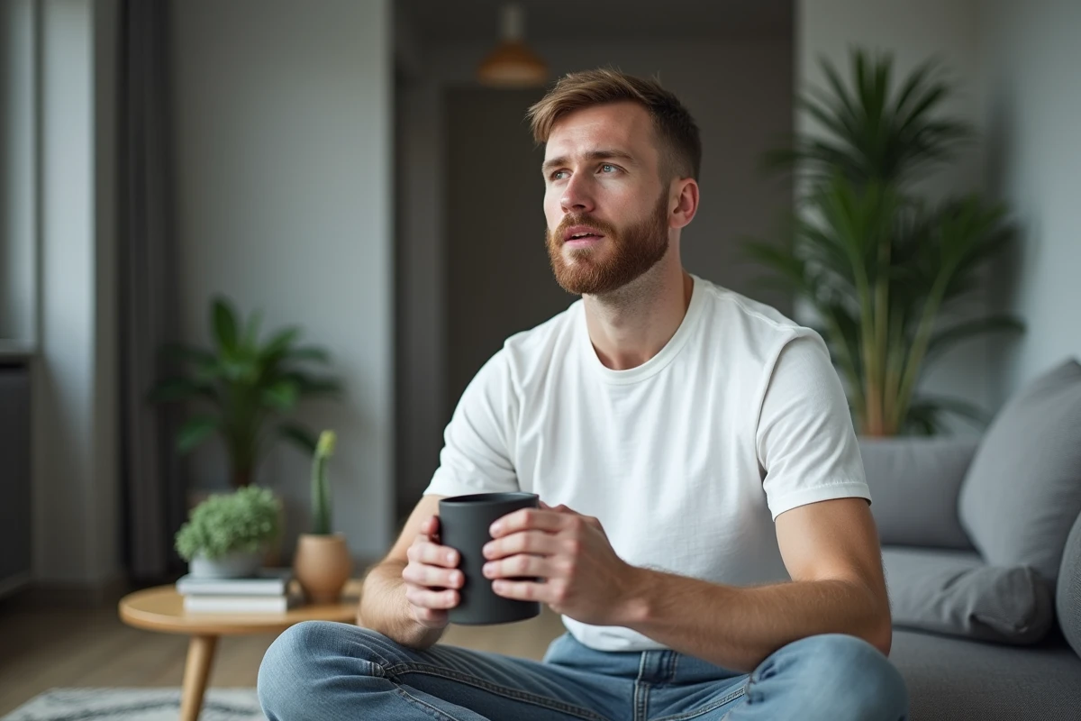 Homme introspectif tenant une tasse et se confiant dans un salon minimaliste moderne