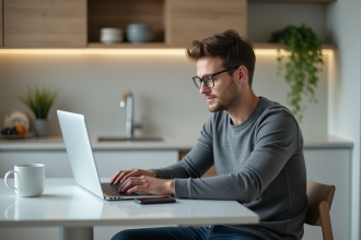 Homme en sweater regardant son ordinateur portable dans un appartement moderne