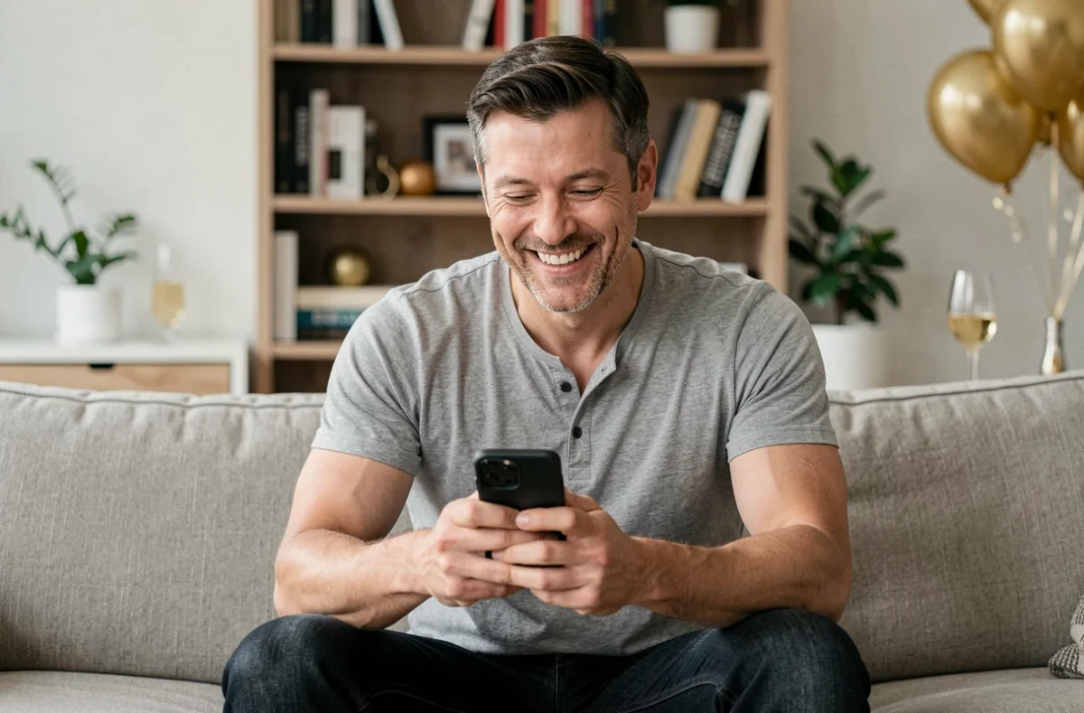 Homme souriant sur un canapé lisant un message humoristique de bonne année 2026 sur son smartphone