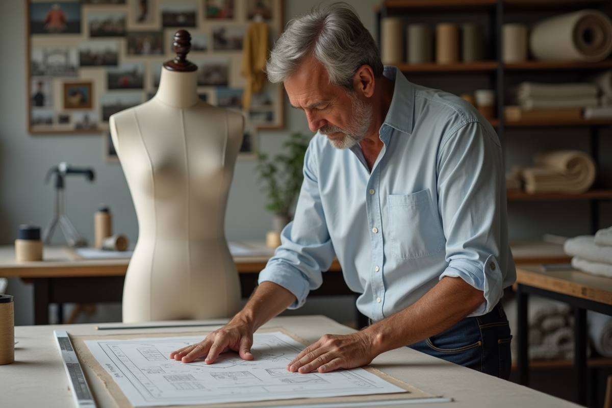 Hommes en atelier mesurant un vêtement sur un mannequin