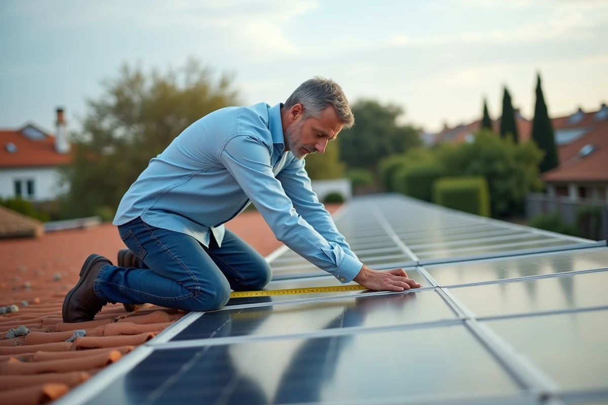 Homme mesurant des panneaux solaires sur un toit suburbain