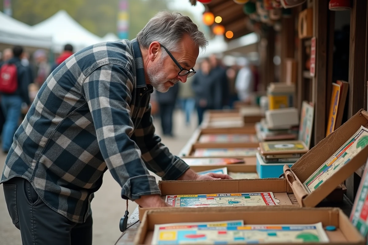 Homme inspectant un jeu de Monopoly d'occasion dans un marché aux puces