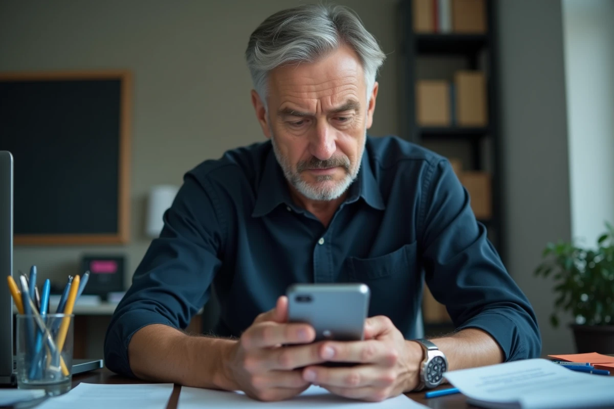 Homme regardant un numéro 0424 inconnu sur son téléphone dans un bureau à domicile