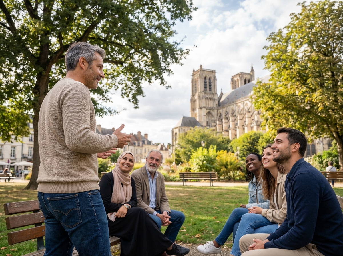 Homme parlant à un groupe dans un parc à Bourges